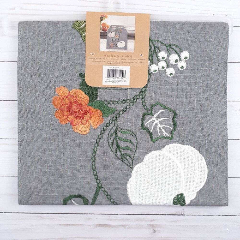 Fall Embroidered Table Runner 14x70 Rory Pumpkin Flowers Linen Blend Gray - Picture 3 of 4